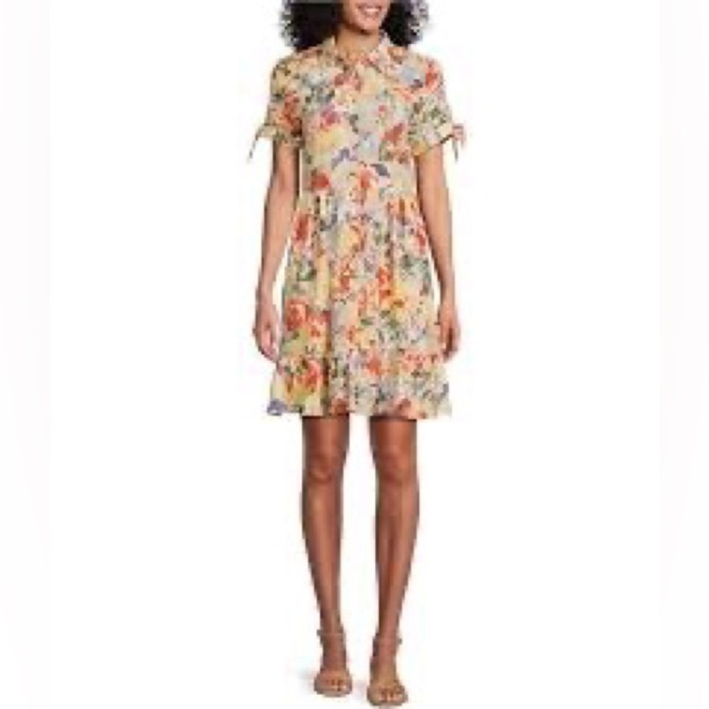 LF Leslie Fay Collared Short Sleeve Floral Rayon Linen Fit Flare Shirt dress 16